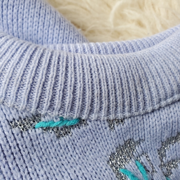 Vintage 80s Pastel Purple 3D Kawaii Metallic Glitter Embroidered Sweater Small - Picture 6 of 13